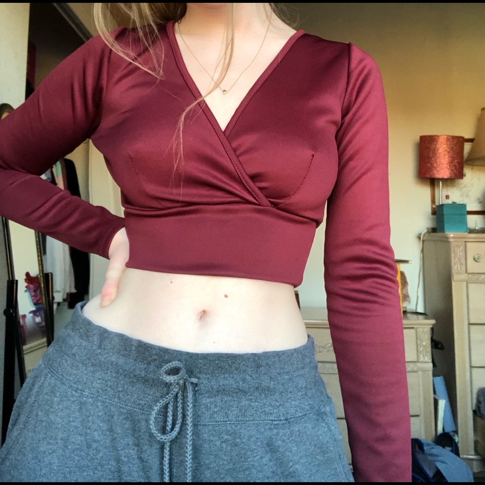 Boohoo Maroon Long Sleeve Wrap Top
